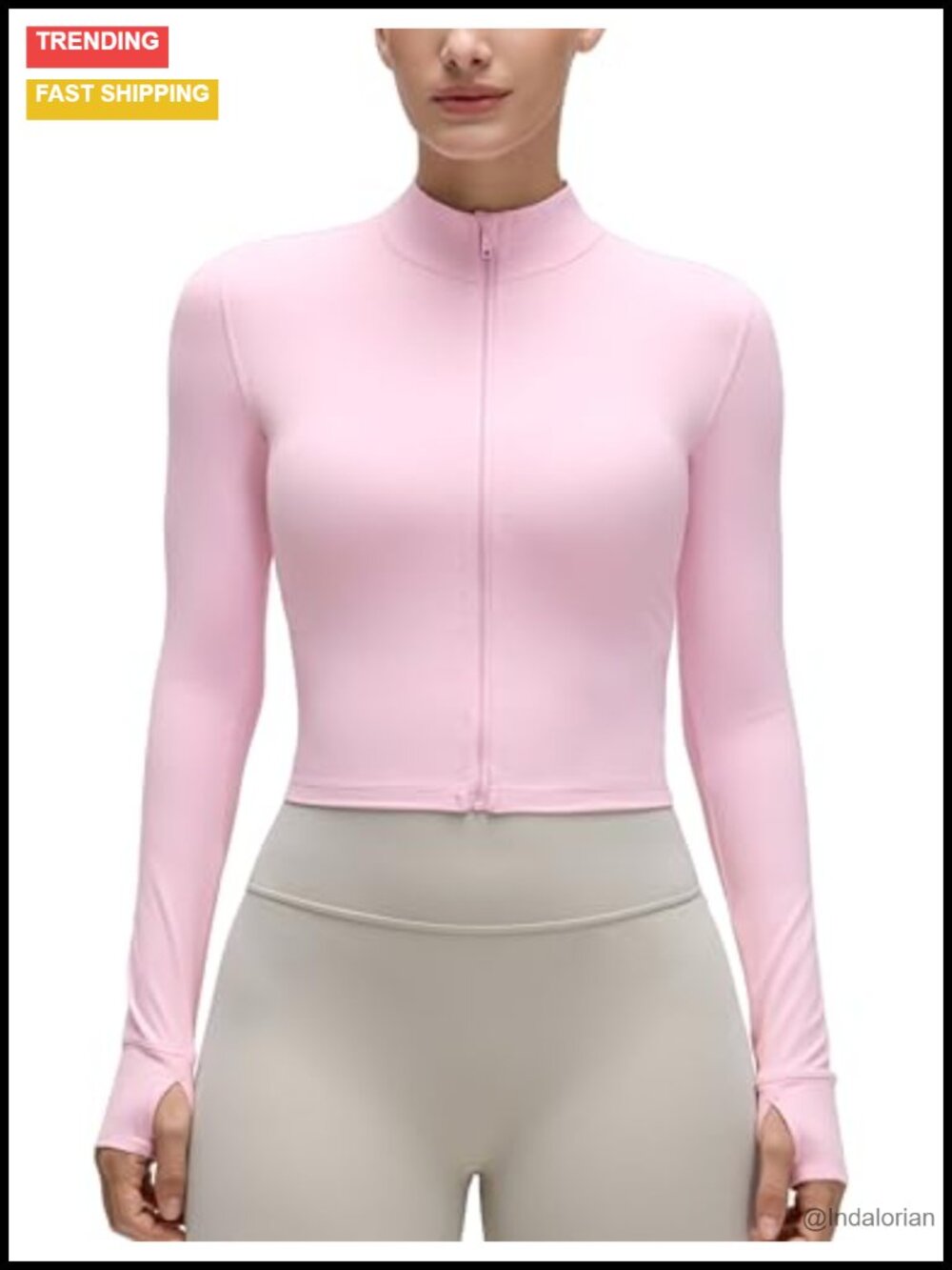 Cropped Full Zip Athletic Jacket Slim Fit Thumbholes Yoga